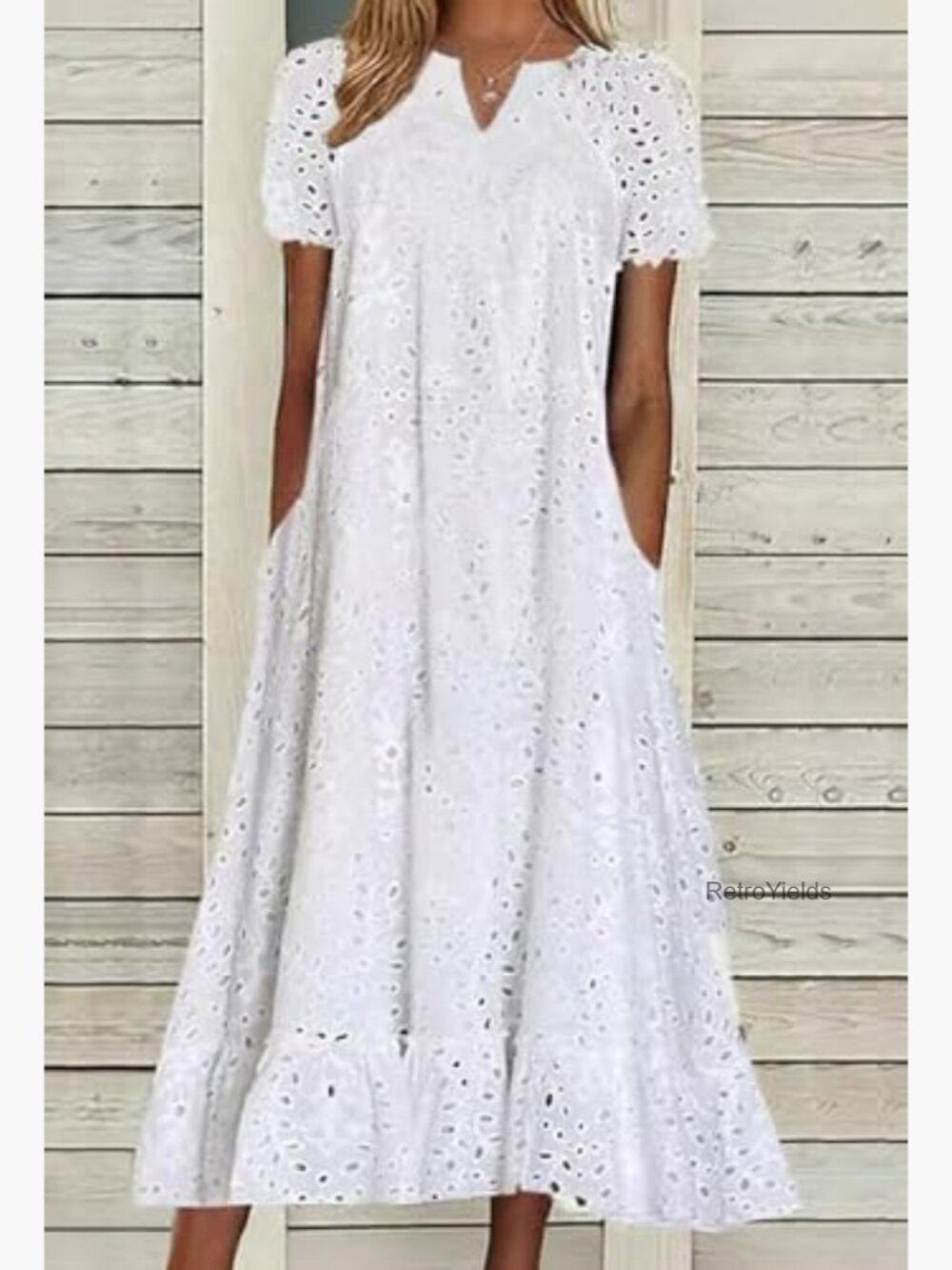 Eyelet Lace Midi Dress with Pockets Ruffled Hem V-Neck Loose Fit - Picture 2 of 3